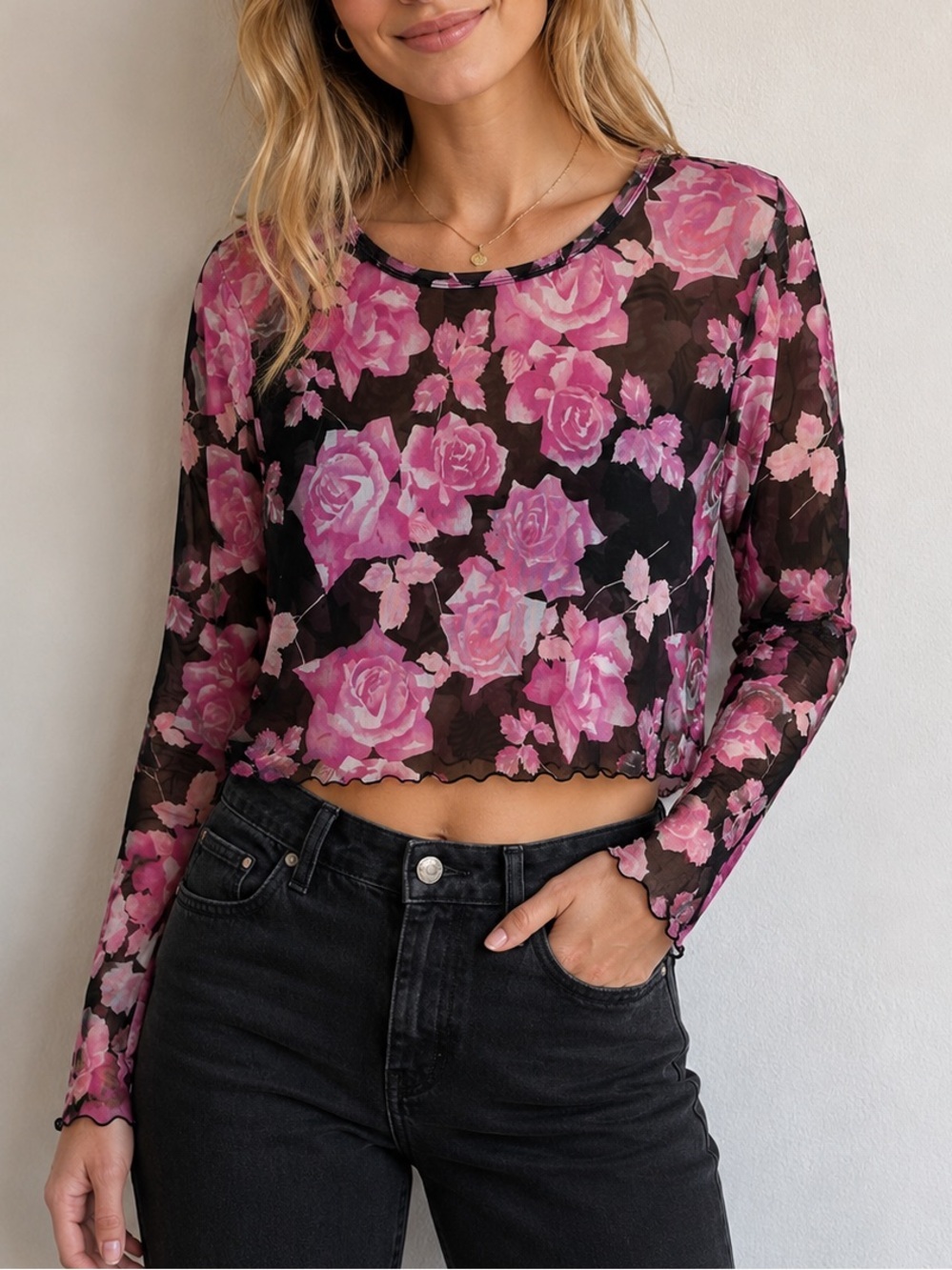 Newport News Sun Streak Y2K Semi Sheer Pink Rose Print Mesh Long Sleeve Top XL
